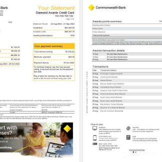 Australia NSW Commonwealth bank Diamond Awards Credit card statement, 4 pages scr1 download template file