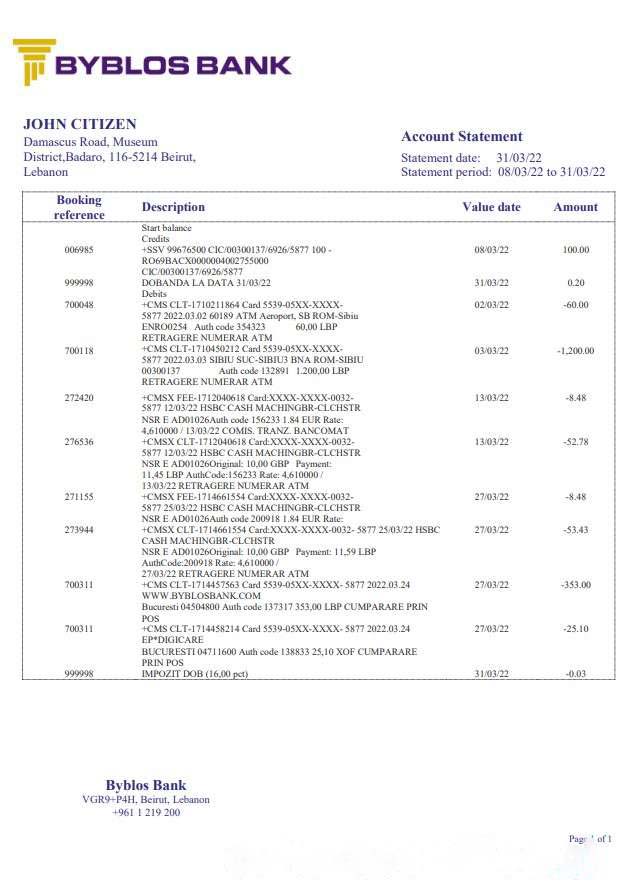 Lebanon Byblos Bank statement download template file