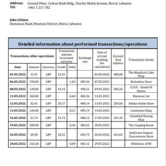 Lebanon Cedrus Bank statement download template file