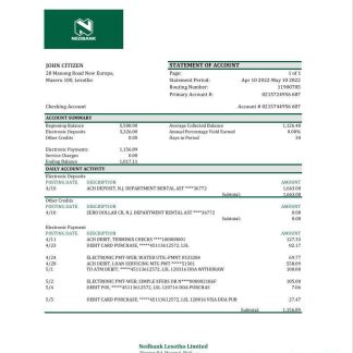 Lesotho Nedbaank bank statement Excel and PDF template download template file