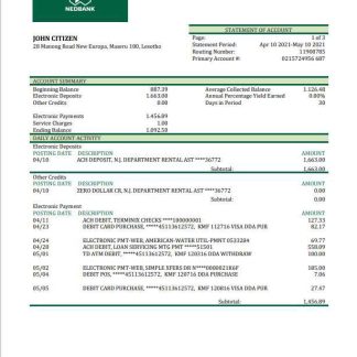 Lesotho Nedbank bank statement template in Word and PDF format download template file