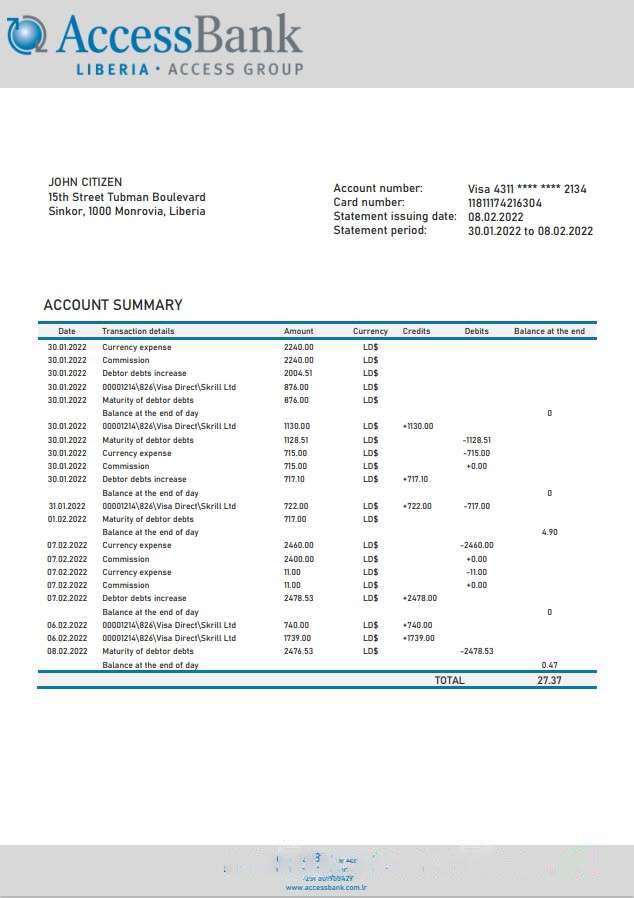 Liberia Access Bank statement download template file
