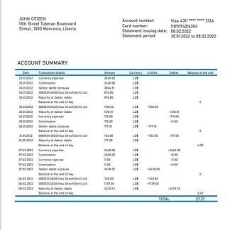 Liberia Access Bank statement template in Word and PDF format download template file