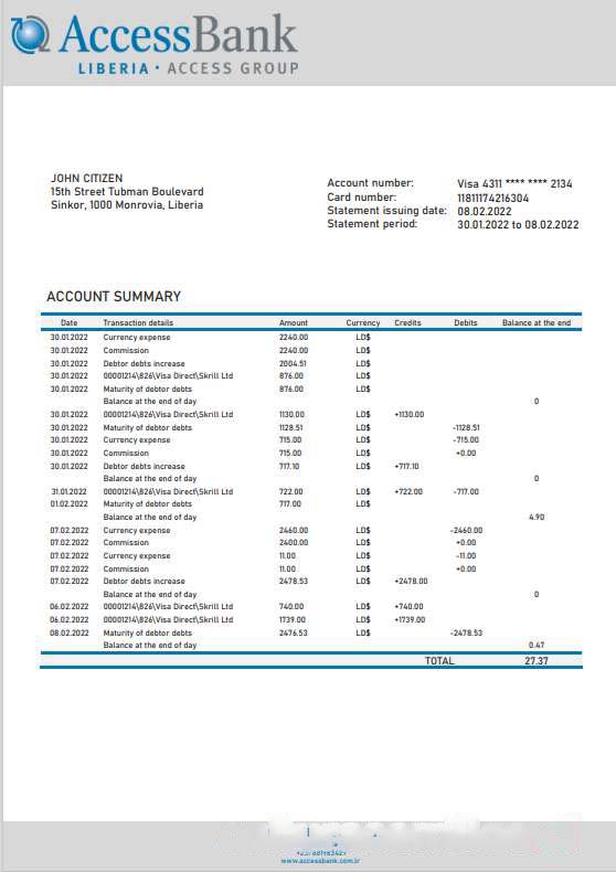 Liberia Access Bank statement template in Word and PDF format download template file