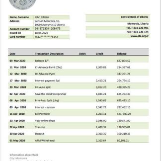 Liberia Central Bank of Liberia bank statement template in Word and PDF format download template file