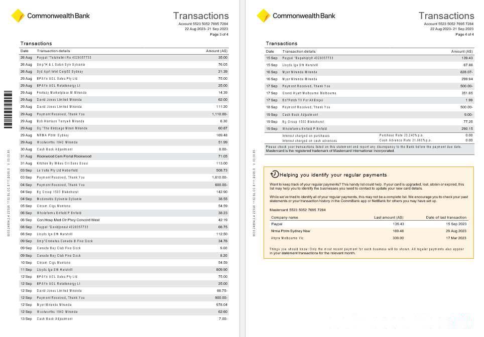 Australia NSW Commonwealth bank Diamond Awards Credit card statement, 4 pages scr2 download template file