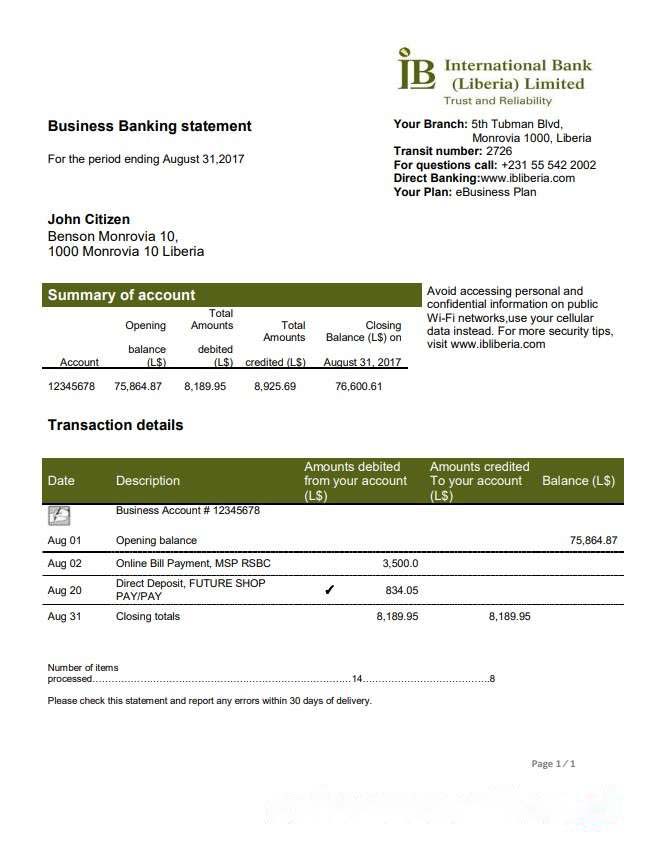 Liberia IB International Bank statement download template file