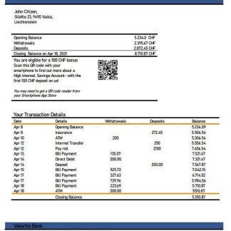 Liechtenstein Valartis bank statement download template file