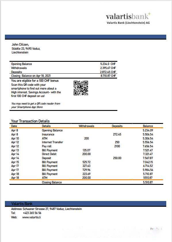 Liechtenstein Valartis bank statement template in Word and PDF format download template file