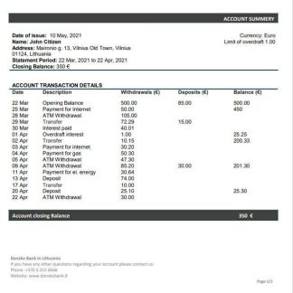 Lithuania (Litva) Danske Bank statement download template file