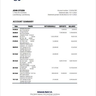 Luxembourg Advanzia bank statement Excel and PDF template download template file