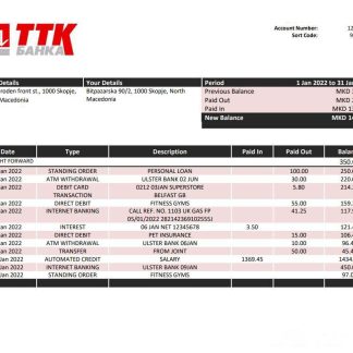 Macedonia TTK bank statement template in Word and PDF format download template file