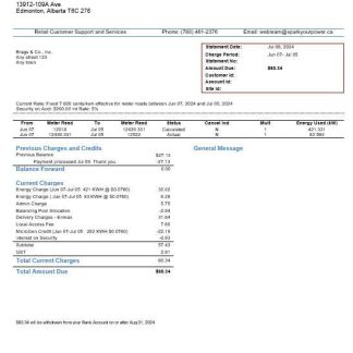 Canada Alberta Spark business utility bill template in Word and pdf formats download template file