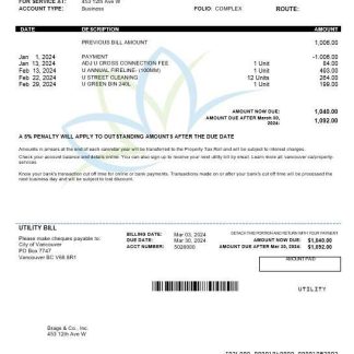 Canada British Columbia City of Vancouver business utility bill download template file