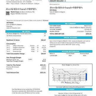 Colombia i2O Water business utility bill template in Word and PDF formats download template file