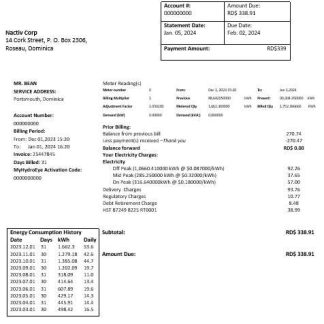 Dominica Electricity Services Limited electricity business utility bill word and pdf formats download template file