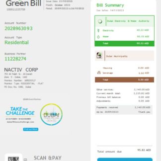 Dubai Electricity & Water Authority utility business bill SCR page 1 download template file