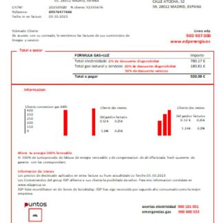EDP Spain Energia utility business bill, SCR download template file