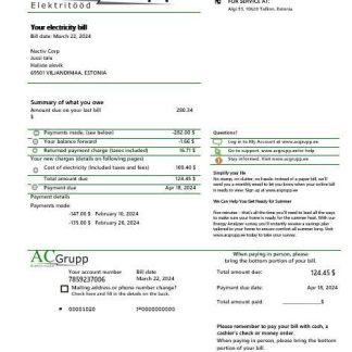 Estonia AC Grupp OÜ electricity business utility bill template in Word and PDF formats download template file