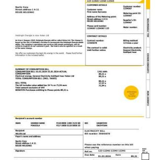 Finland HELEN business utility bill template in Word and PDF formats download template file