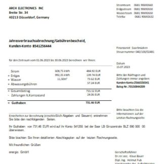 Germany Energis utility business bill, SCR download template file