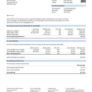 Germany ENSO rechnung für strom und erdgas business utility bill template in Word and PDF formats1 download template file