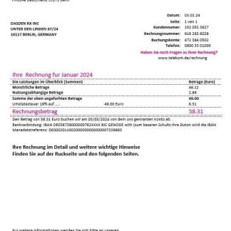 Germany T Mobile business utility bill template in Word and PDF formats download template file
