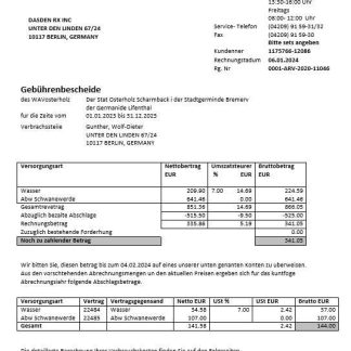 Germany Wavwasser business utility bill template in Word and PDF formats download template file