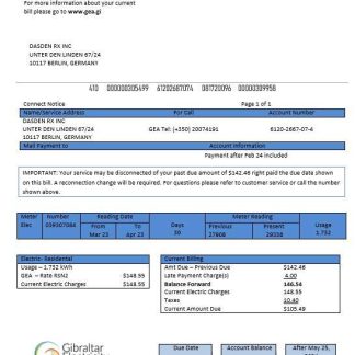 Gibraltar Electricity Authority business utility bill Word and PDF template download template file