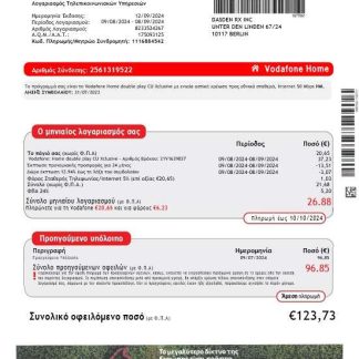 Greece Vodafone Greece business utility bill Word and PDF template download template file
