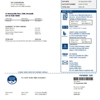 Hunter Water utility business bill, SCR download template file