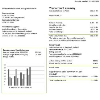 Iceland Arctic Green Energy Corporation electricity business utility bill template in Word and PDF download template file