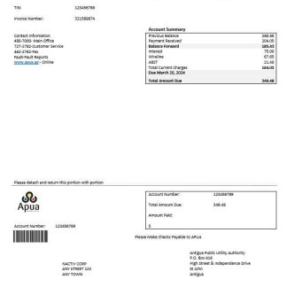 ANTIGUA AND BARBUDA APUA business utility bill Word and PDF template download template file