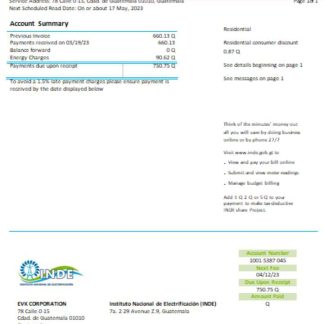 INDE Instituto Nacional De Electrificacion electricity utility business bill, SCR download template file