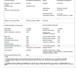 INDIA UTTARAKHAND WATER business utility bill Word and PDF template download template file