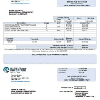 Iowa City of Davenport utility business bill, Word and PDF template scr download template file