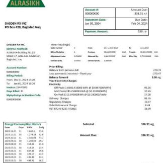 Iraq AlRasikh electricity business utility bill template in Word and PDF format download template file