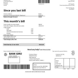 Ireland Three.ie business utility bill template in Word and PDF formats download template file