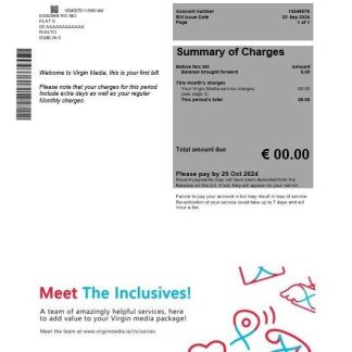 Ireland Virgin Media business utility bill template in Word and PDF formats, version 2 download template file