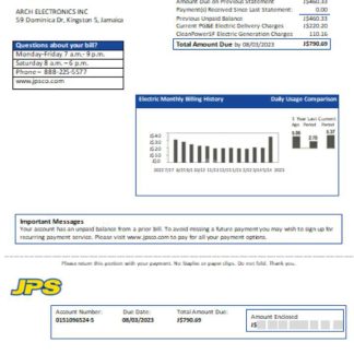 Jamaica Public Service Co Ltd (JPS) electricity utility business bill, SCR download template file