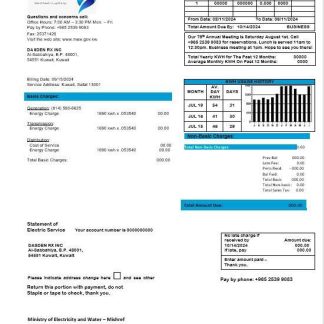 Kuwait Ministry of Electricity and Water business utility bill template in Word and PDF format download template file