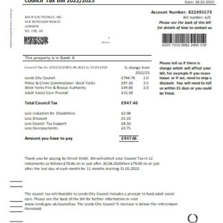 Leeds City Council tax business bill, SCR download template file