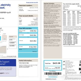 Australia AGL electricity account energy business utility bill, 3 pages, version 2 download template file