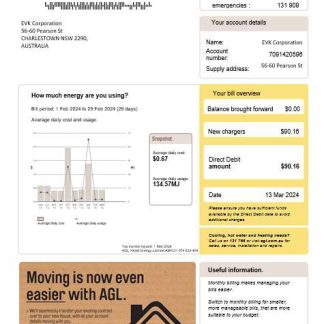Australia AGL gas business utility bill Word and PDF template, version 2 download template file