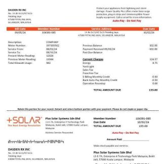 Malaysia Plus Solar Systems Sdn Bhd business utility bill template in Word and PDF formats download template file