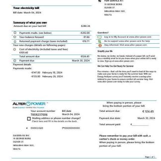 Malta AlterPower Malta proof of address business utility bill template in Word and PDF formats download template file