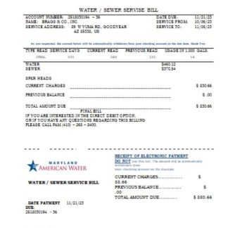 Maryland American Water Co utility business bill, SCR download template file