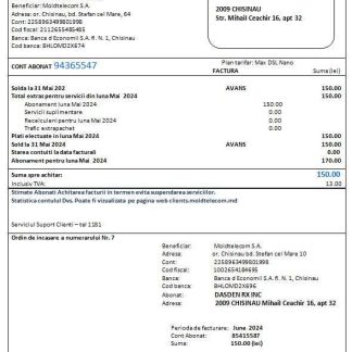 Moldova Moldtelecom business utility bill template in Word and PDF formats, fully editable download template file
