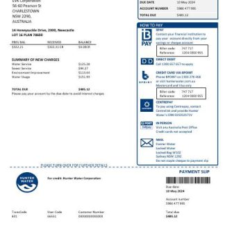 Australia Hunter Water business utility bill template in Word and PDF format download template file