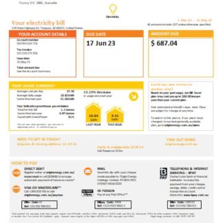 New South Wales (NSW) Origin electricity utility business bill, SCR, page 1 download template file